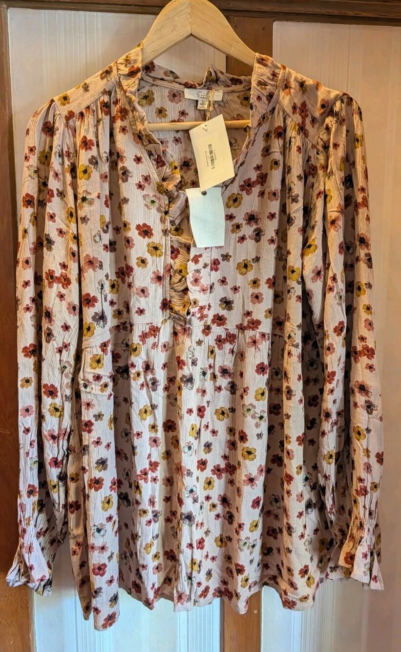 NWT Easel Top Women's Large Shirt Cream Rust Fall Floral